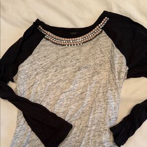 J.Crew Embellished Neckline Baseball Tee – Gray & Black – Long Sleeve